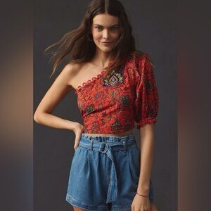 NWT Anthropologie X FARM Rio One-Shoulder Boho Peasant Crop Top, Size XS